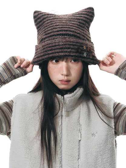 NAPSNAPS Cat Ear Handmade Button Striped Thickened Women&