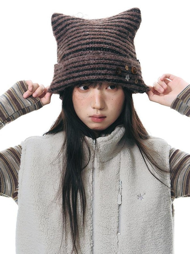 NAPSNAPS Cat Ear Handmade Button Striped Thickened Women&