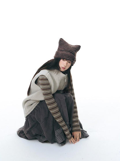 NAPSNAPS Cat Ear Handmade Button Striped Thickened Women&