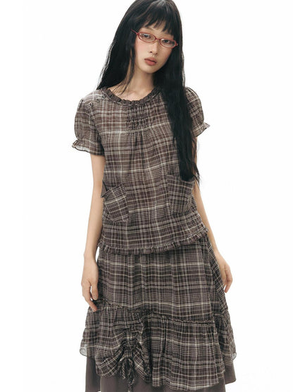NAPSNAPS Checked Asymmetric Placket Ruffle Women&
