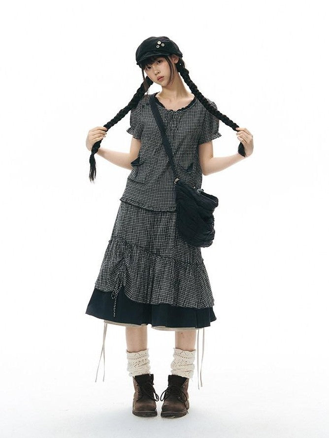 NAPSNAPS Checked Asymmetric Placket Ruffle Women&