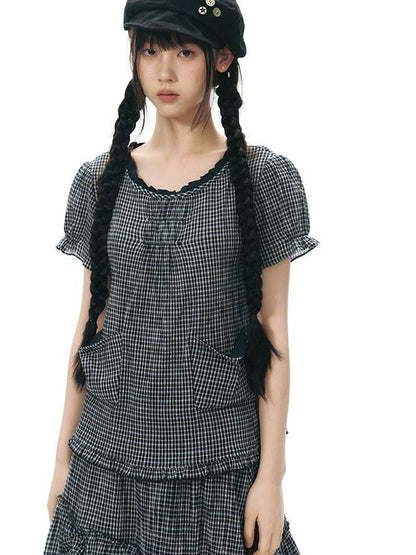NAPSNAPS Checked Asymmetric Placket Ruffle Women&