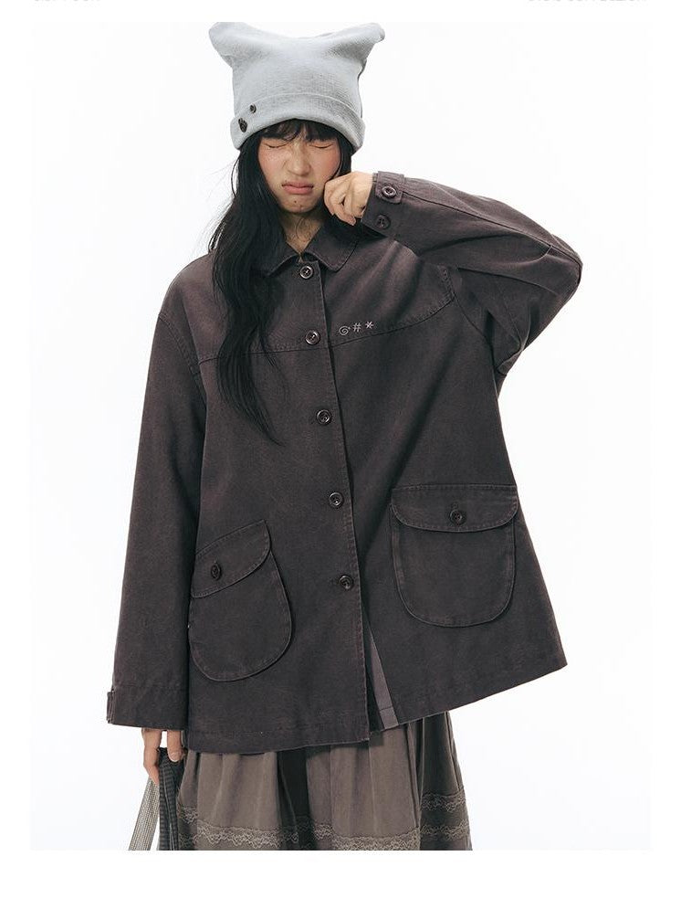 NAPSNAPS Chest Embroidered Vintage Loose Fit Cotton Women&