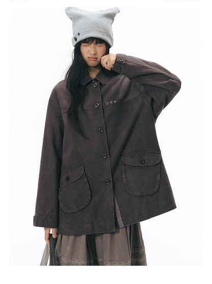 NAPSNAPS Chest Embroidered Vintage Loose Fit Cotton Women&