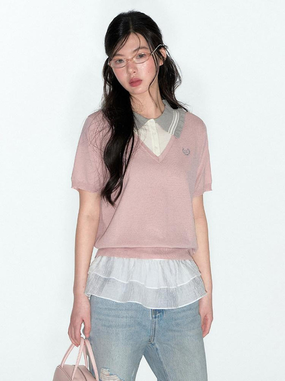 NAPSNAPS College Faux Layered Polo Collar Knit Women&