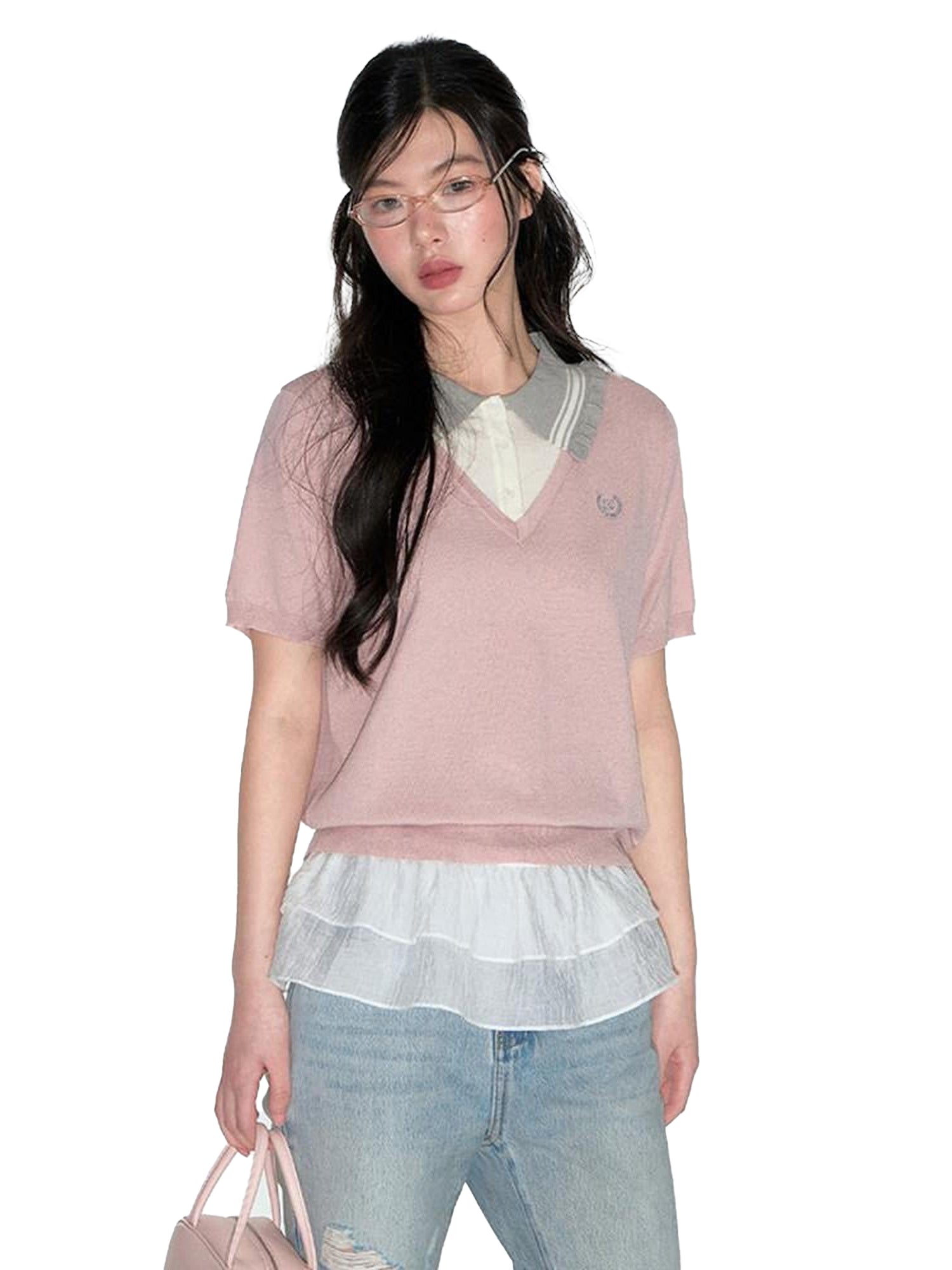 NAPSNAPS College Faux Layered Polo Collar Knit Women&