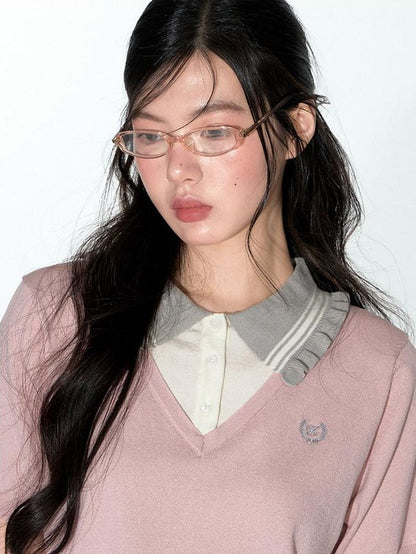 NAPSNAPS College Faux Layered Polo Collar Knit Women&