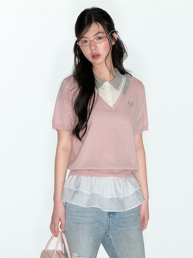 NAPSNAPS College Faux Layered Polo Collar Knit Women&