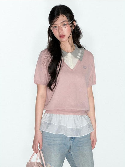 NAPSNAPS College Faux Layered Polo Collar Knit Women&