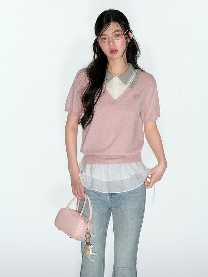 NAPSNAPS College Faux Layered Polo Collar Knit Women&