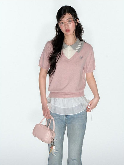 NAPSNAPS College Faux Layered Polo Collar Knit Women&