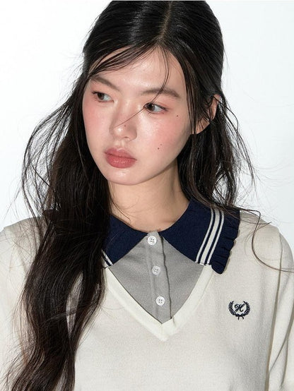 NAPSNAPS College Faux Layered Polo Collar Knit Women&