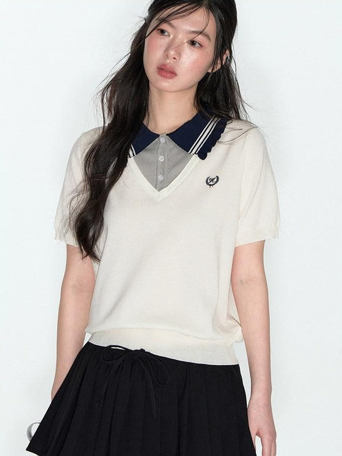NAPSNAPS College Faux Layered Polo Collar Knit Women&