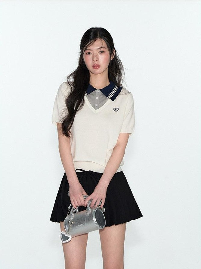 NAPSNAPS College Faux Layered Polo Collar Knit Women&
