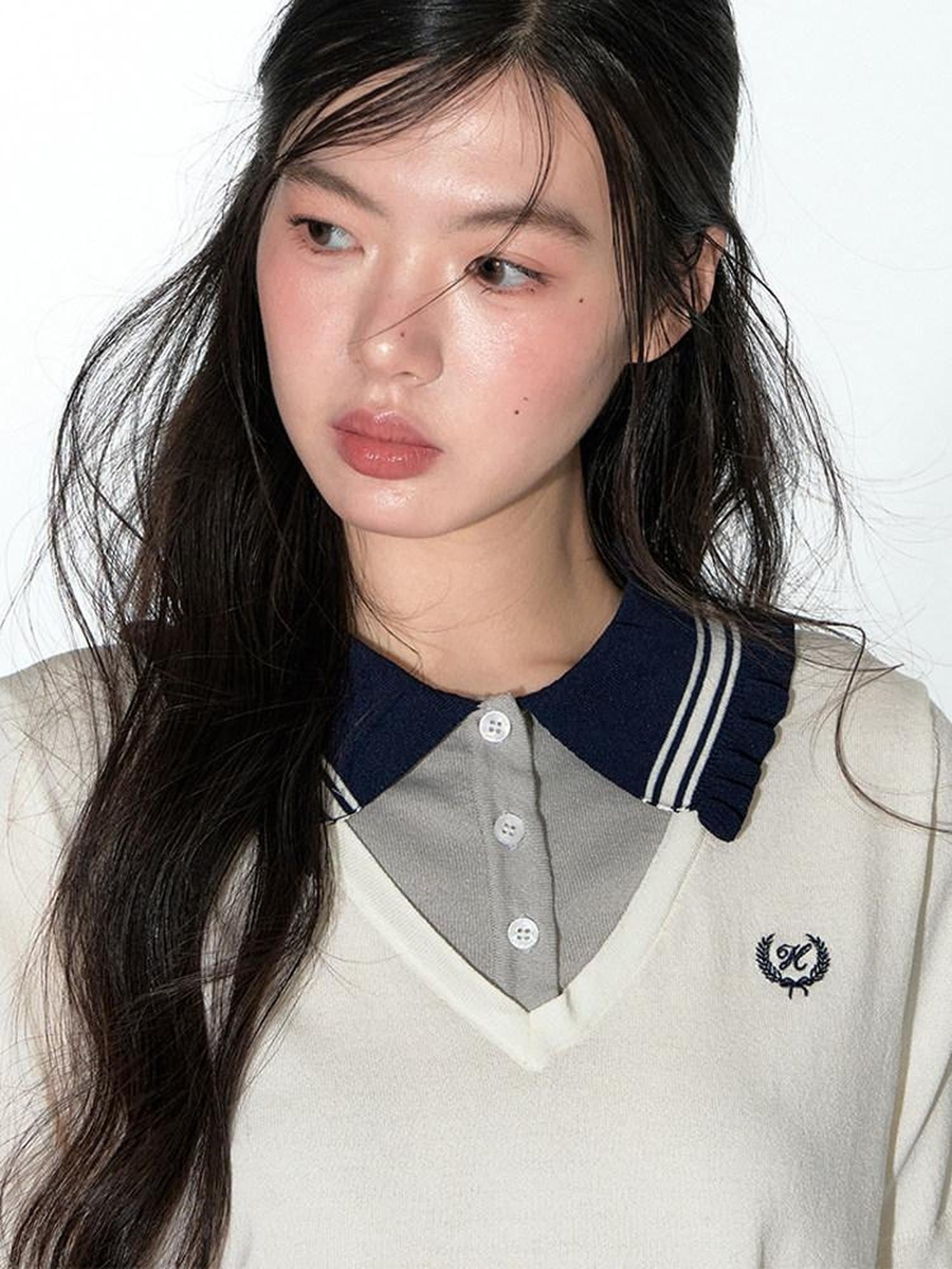 NAPSNAPS College Faux Layered Polo Collar Knit Women&