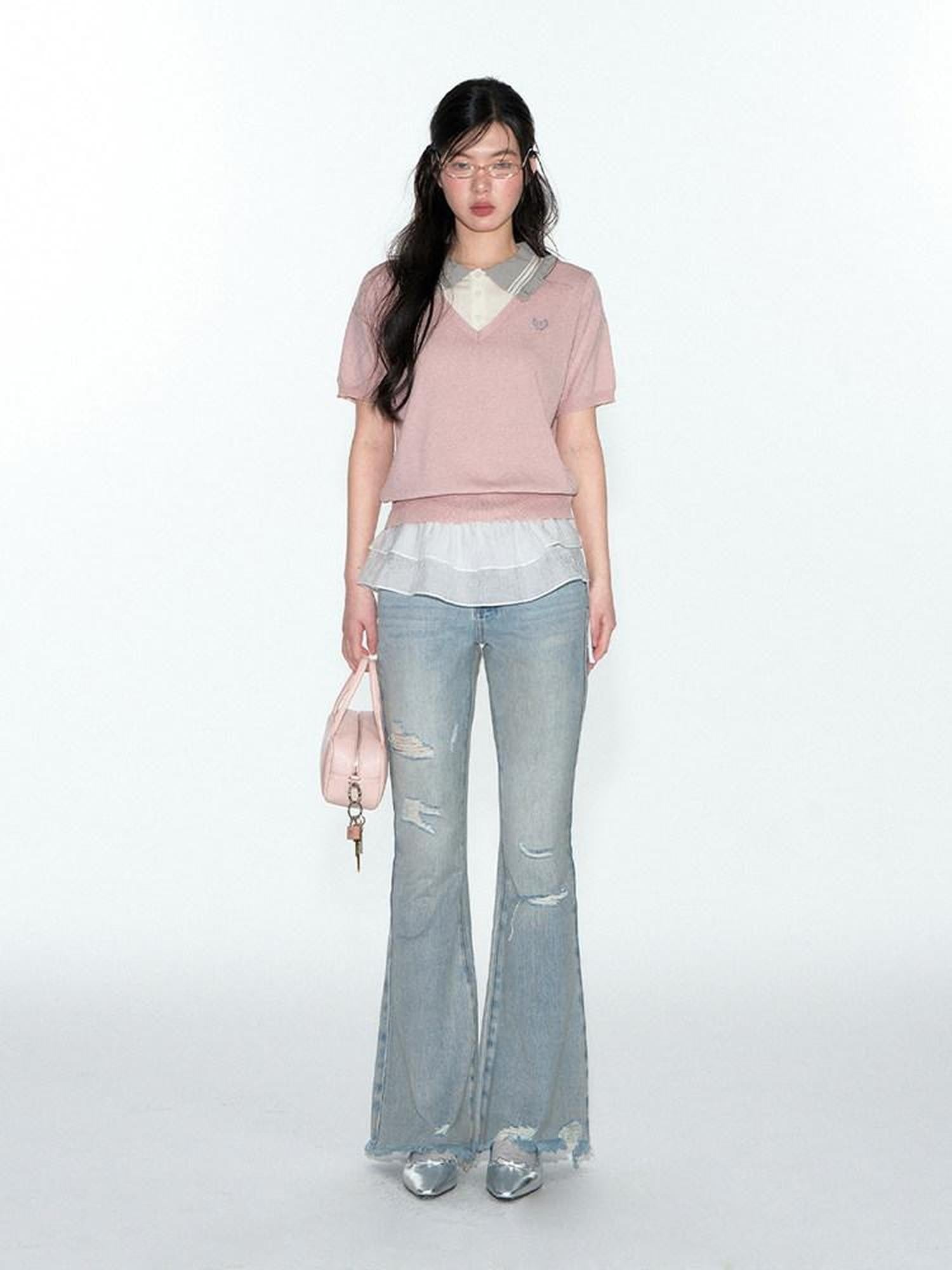 NAPSNAPS College Faux Layered Polo Collar Knit Women&