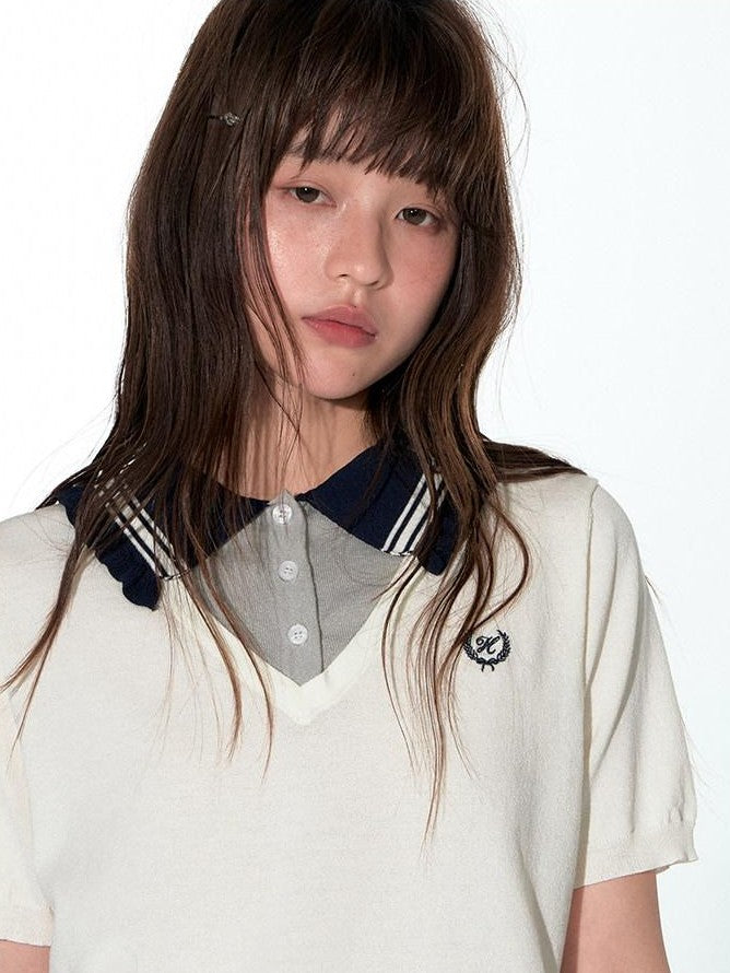 NAPSNAPS College Faux Layered Polo Collar Knit Women&