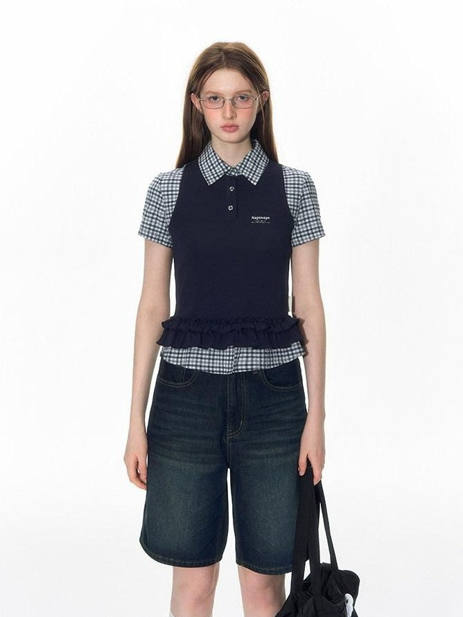 NAPSNAPS College Plaid Embroidered Faux Ruffle Polo Women&
