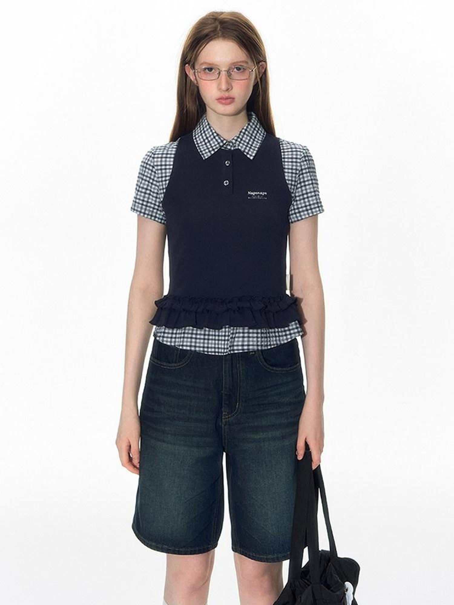NAPSNAPS College Plaid Embroidered Faux Ruffle Polo Women&