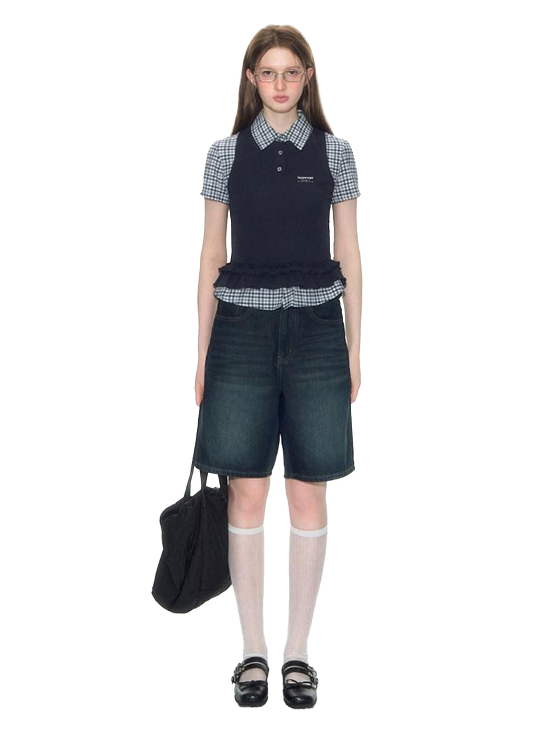 NAPSNAPS College Plaid Embroidered Faux Ruffle Polo Women&