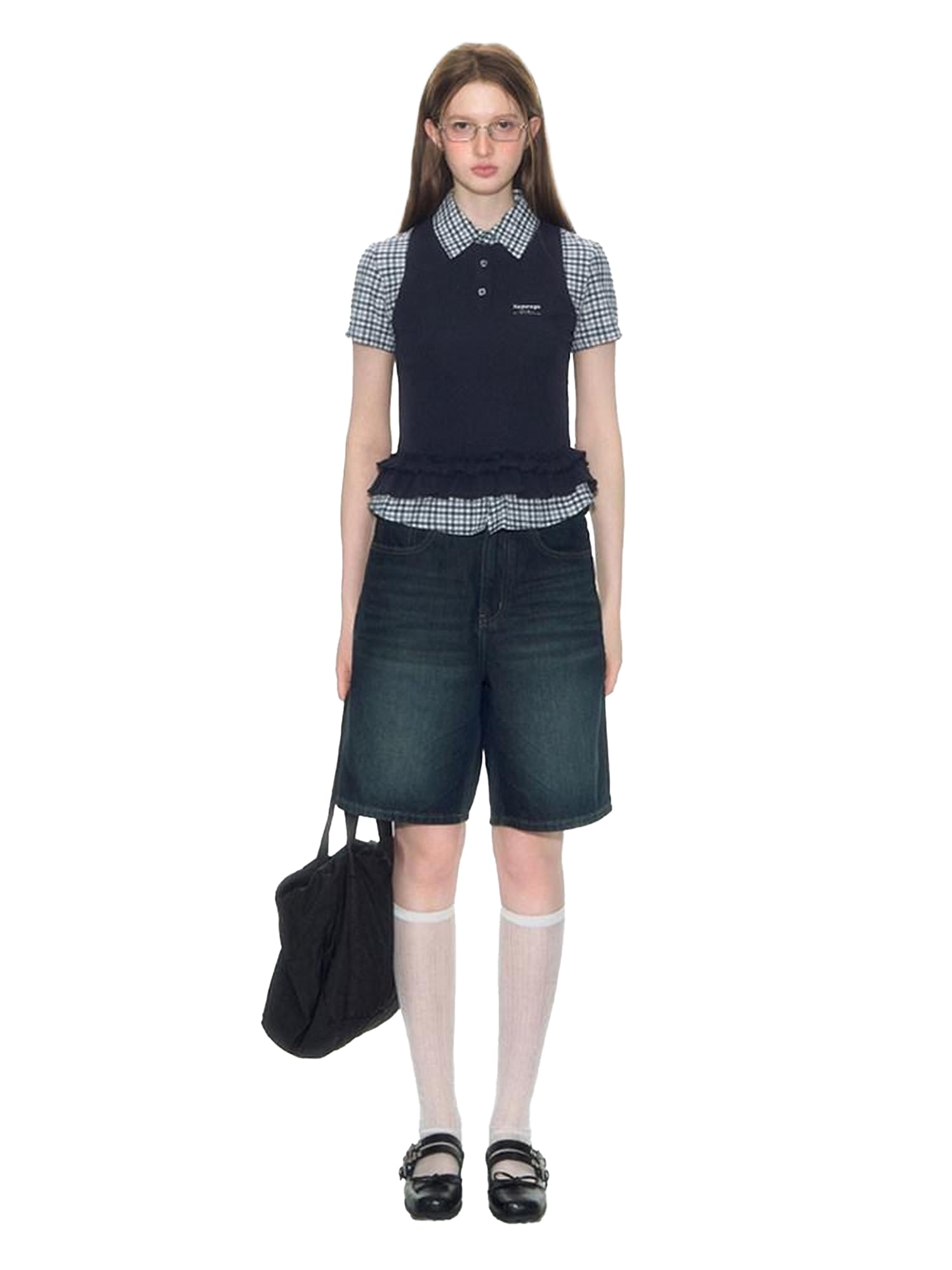 NAPSNAPS College Plaid Embroidered Faux Ruffle Polo Women&