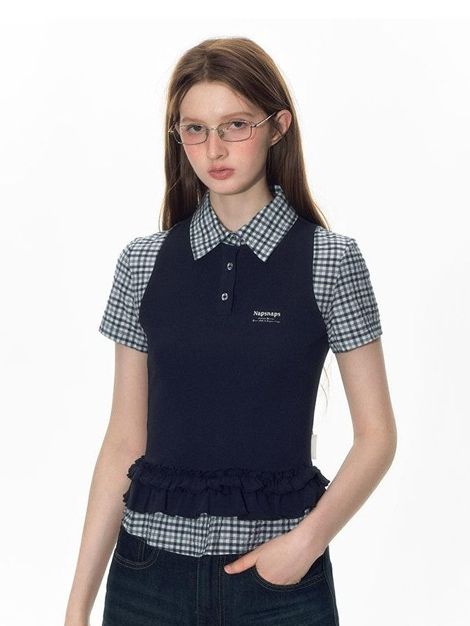 NAPSNAPS College Plaid Embroidered Faux Ruffle Polo Women&
