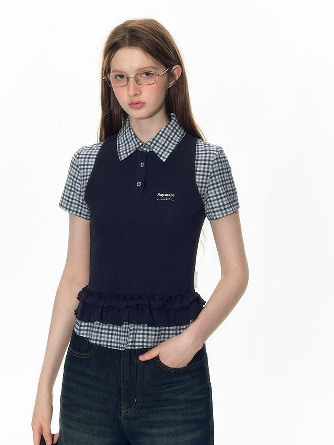 NAPSNAPS College Plaid Embroidered Faux Ruffle Polo Women&