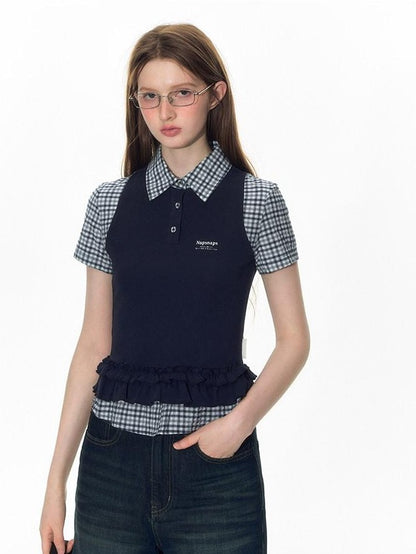 NAPSNAPS College Plaid Embroidered Faux Ruffle Polo Women&