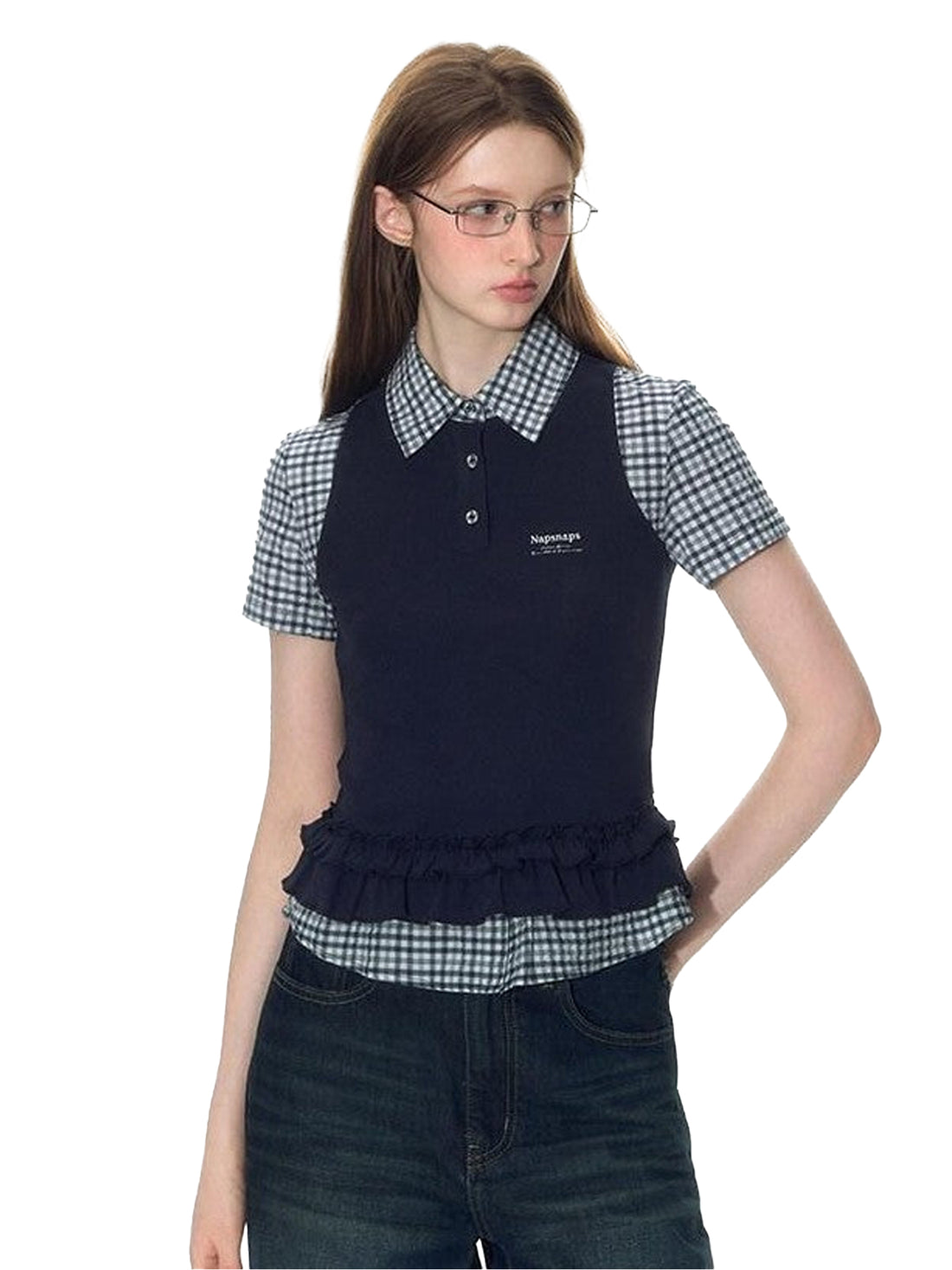 NAPSNAPS College Plaid Embroidered Faux Ruffle Polo Women&