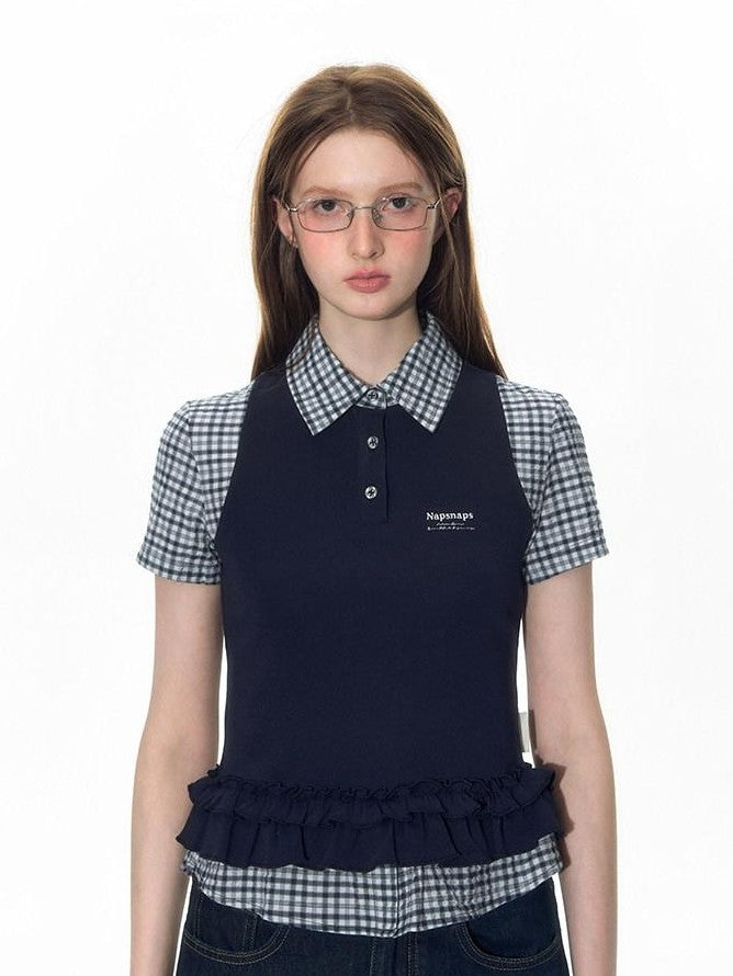 NAPSNAPS College Plaid Embroidered Faux Ruffle Polo Women&