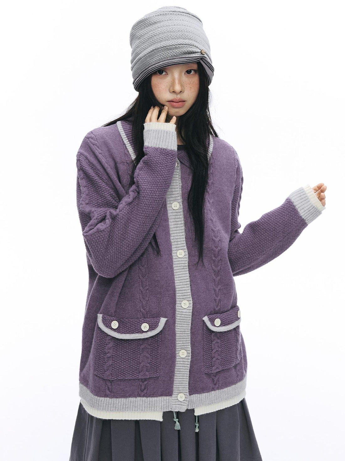 NAPSNAPS Color Block Faux Layered Turn Down Collar Knit Women&