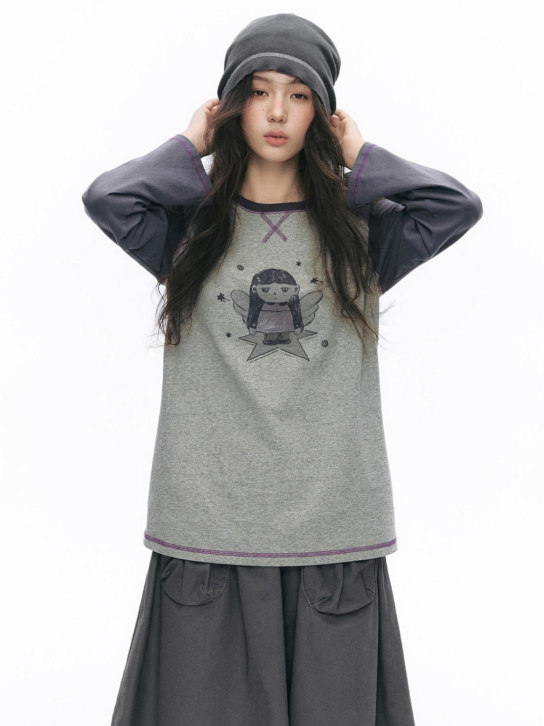 NAPSNAPS Color Block Little Girl Print Raglan Sleeve Women&