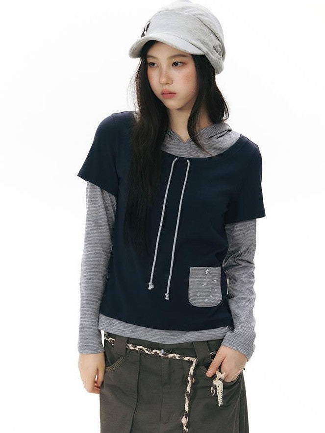 NAPSNAPS Colorblock Faux Layered Hooded Women&