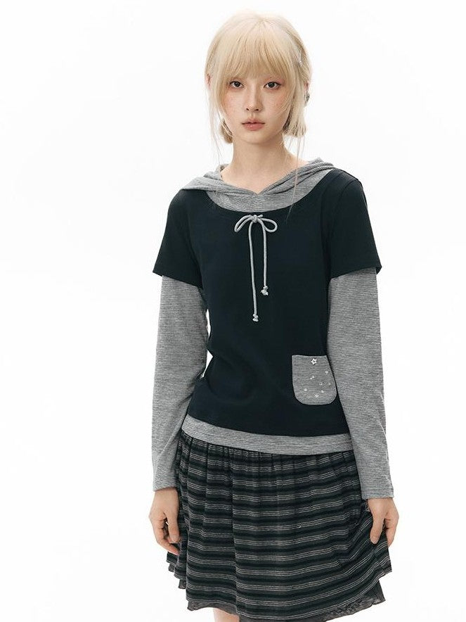 NAPSNAPS Colorblock Faux Layered Hooded Women&