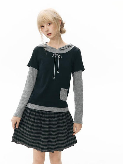NAPSNAPS Colorblock Faux Layered Hooded Women&