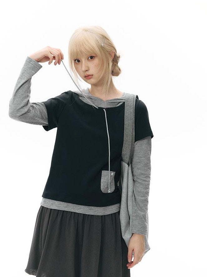 NAPSNAPS Colorblock Faux Layered Hooded Women&