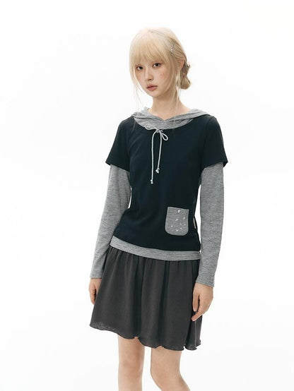 NAPSNAPS Colorblock Faux Layered Hooded Women&
