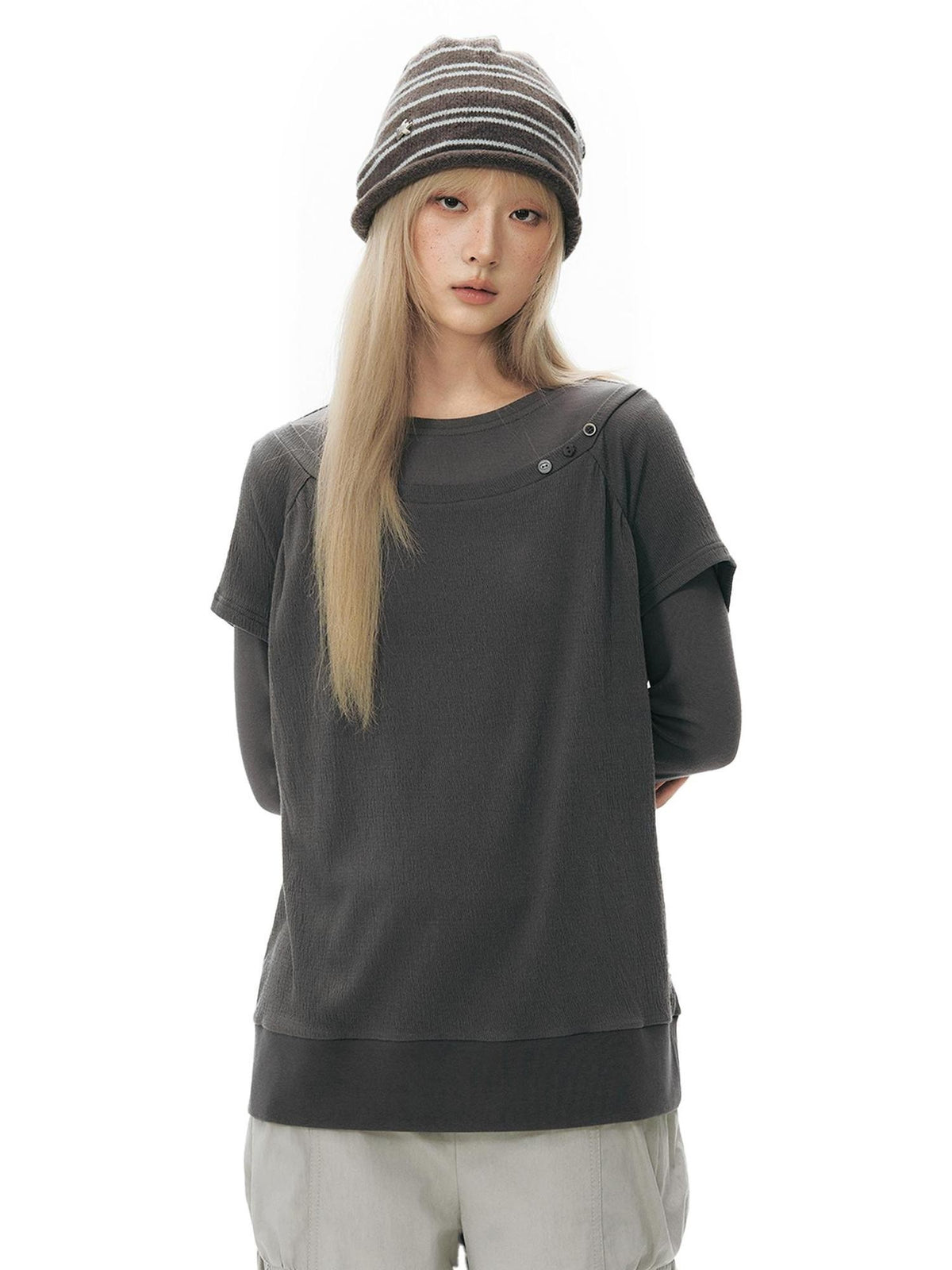 NAPSNAPS Colorblock Hem Raglan Button Knit Women&