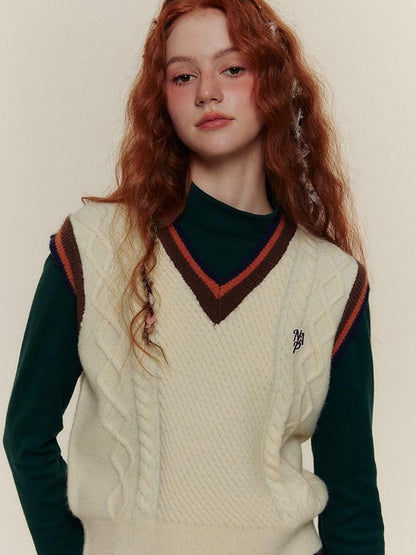 NAPSNAPS Contrast Cable Knit Striped V-neck Patchwork Women&