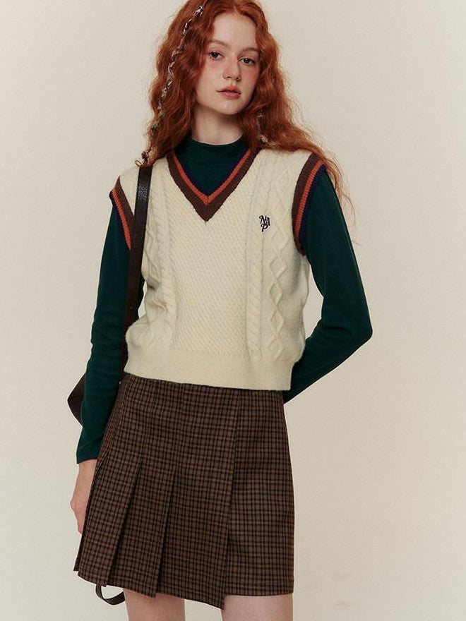 NAPSNAPS Contrast Cable Knit Striped V-neck Patchwork Women&