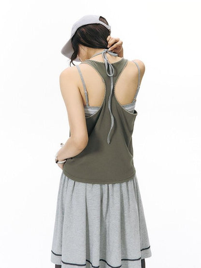 NAPSNAPS Contrast Embroidered Trim Y Back Wide Strap Women&