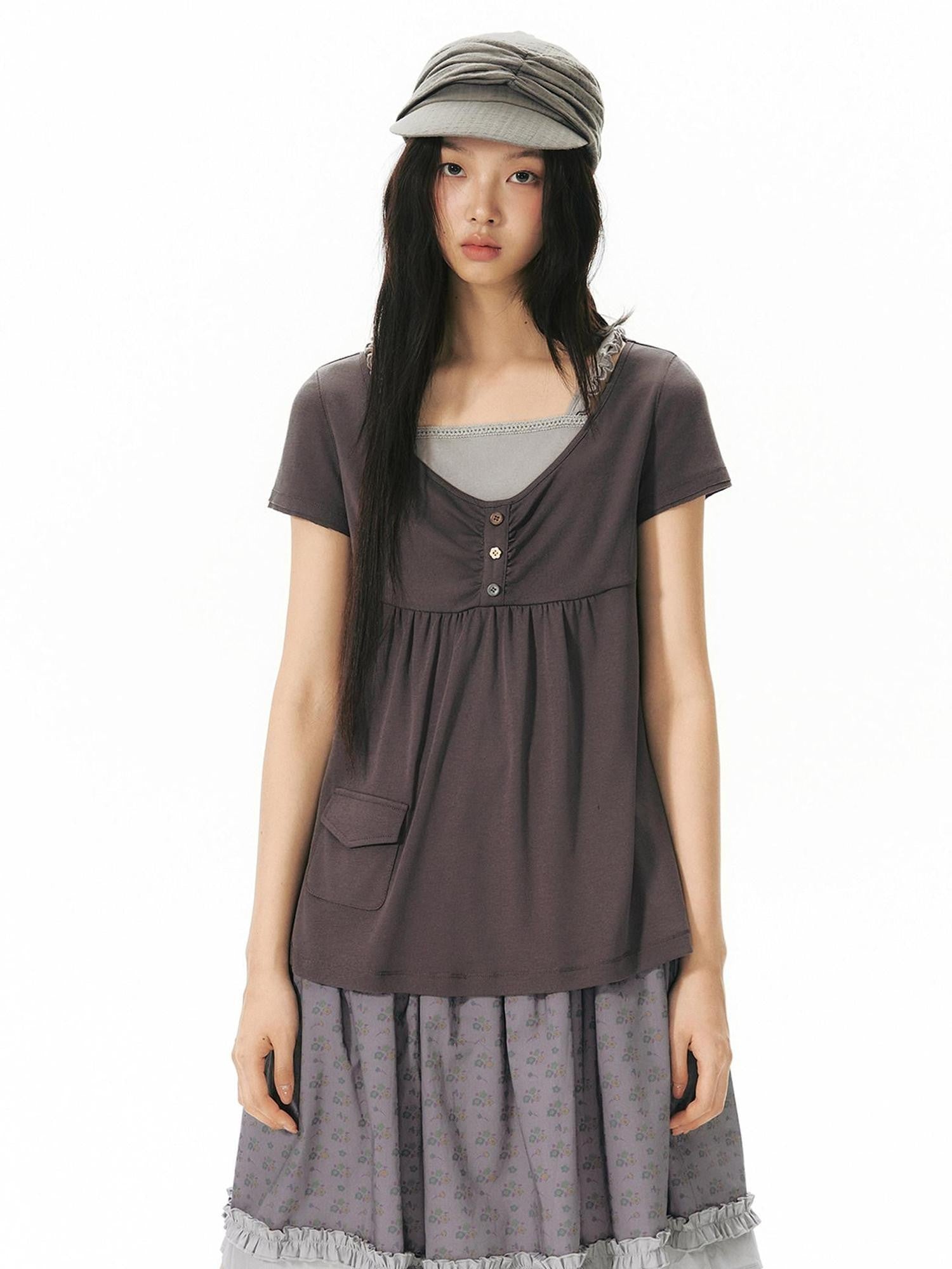 NAPSNAPS Contrast Ruffle Strap Faux Layered Women&