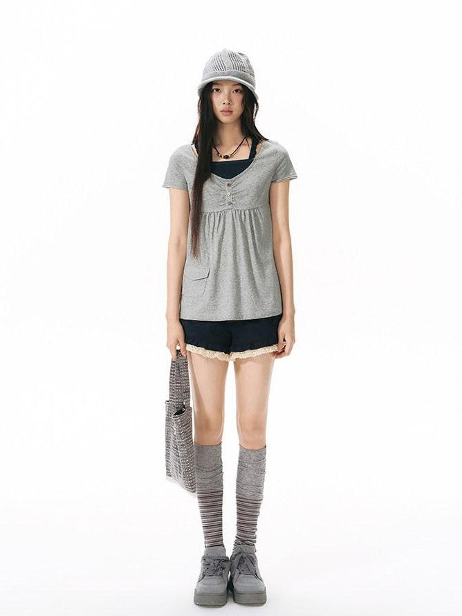 NAPSNAPS Contrast Ruffle Strap Faux Layered Women&