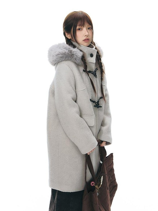NAPSNAPS Cool White Retro Detachable Fur Collar Toggle Hooded Padded Women&