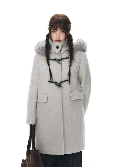 NAPSNAPS Cool White Retro Detachable Fur Collar Toggle Hooded Padded Women&