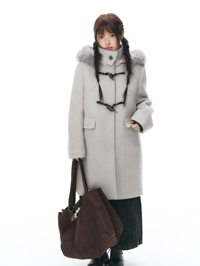 NAPSNAPS Cool White Retro Detachable Fur Collar Toggle Hooded Padded Women&