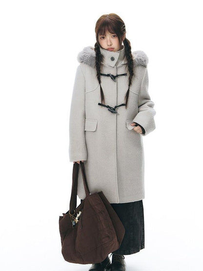 NAPSNAPS Cool White Retro Detachable Fur Collar Toggle Hooded Padded Women&