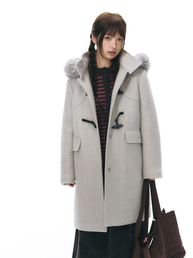NAPSNAPS Cool White Retro Detachable Fur Collar Toggle Hooded Padded Women&