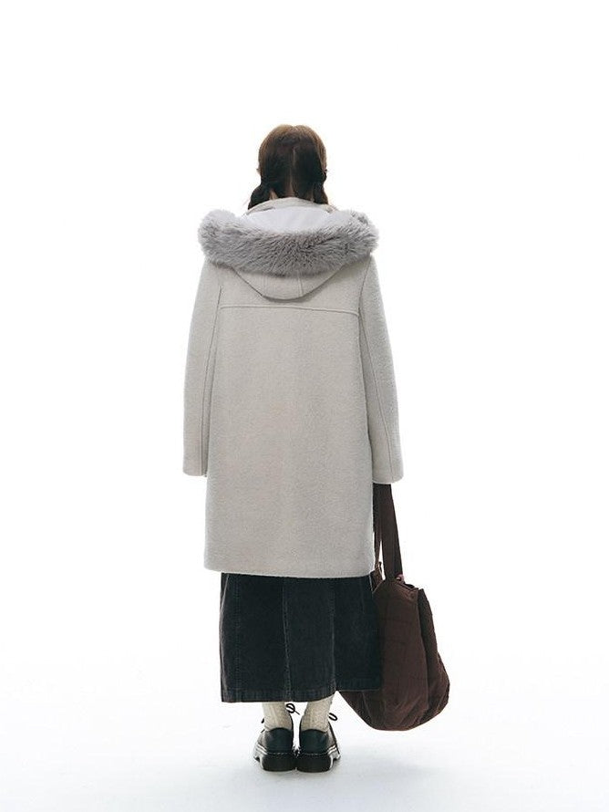 NAPSNAPS Cool White Retro Detachable Fur Collar Toggle Hooded Padded Women&