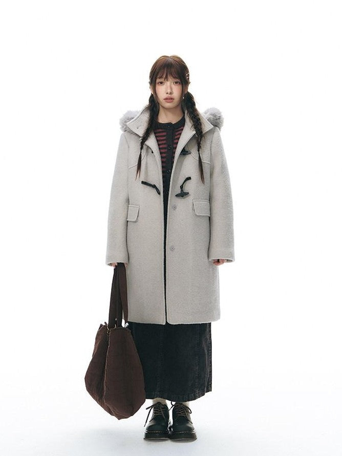 NAPSNAPS Cool White Retro Detachable Fur Collar Toggle Hooded Padded Women&